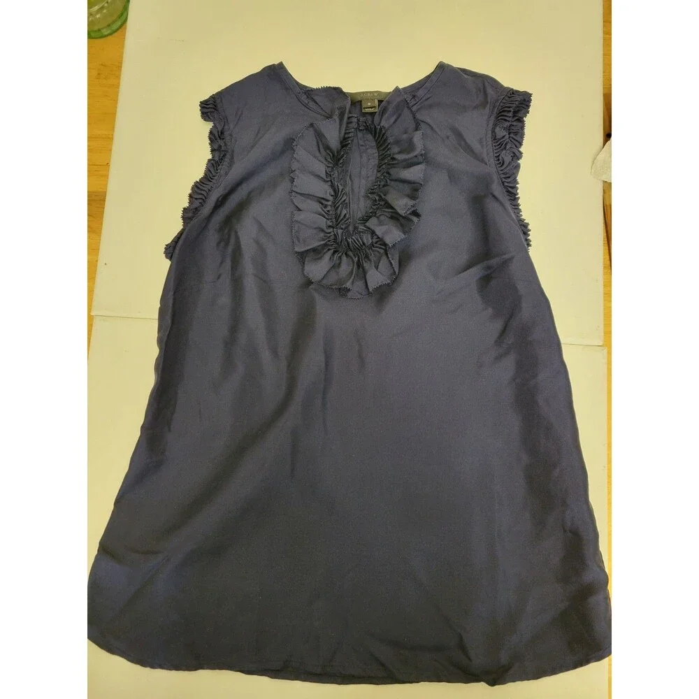 J.CREW Navy Solid Silk Twill V-Neck Ruffle Sleeveless Pullover Blouse 0